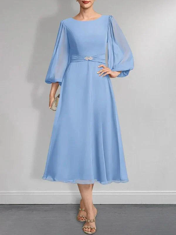 A-line Scoop Tea-Length Chiffon Mother of the Bride Dress With Crystal Brooch Pleated - Image 12