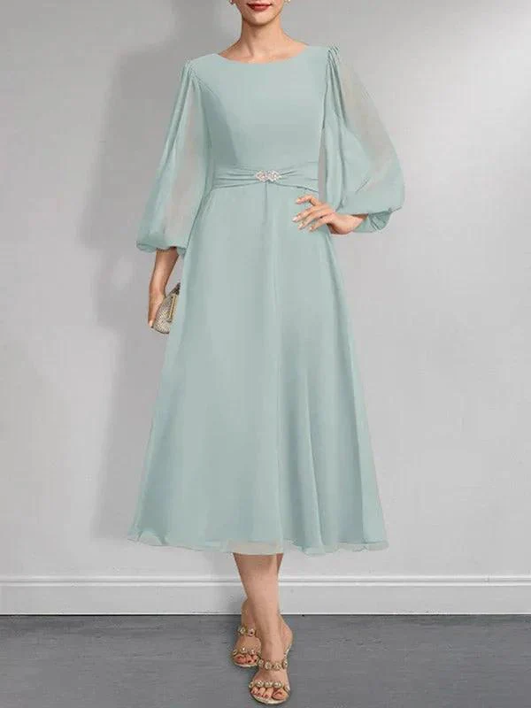 A-line Scoop Tea-Length Chiffon Mother of the Bride Dress With Crystal Brooch Pleated - Image 13