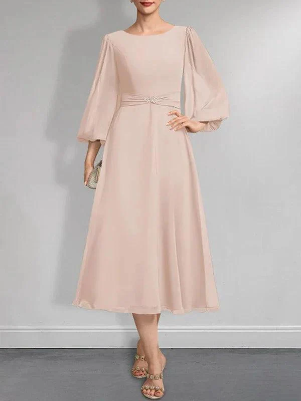 A-line Scoop Tea-Length Chiffon Mother of the Bride Dress With Crystal Brooch Pleated - Image 15