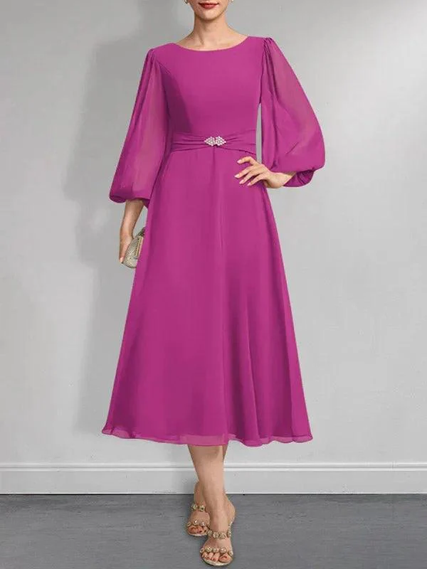 A-line Scoop Tea-Length Chiffon Mother of the Bride Dress With Crystal Brooch Pleated - Image 16