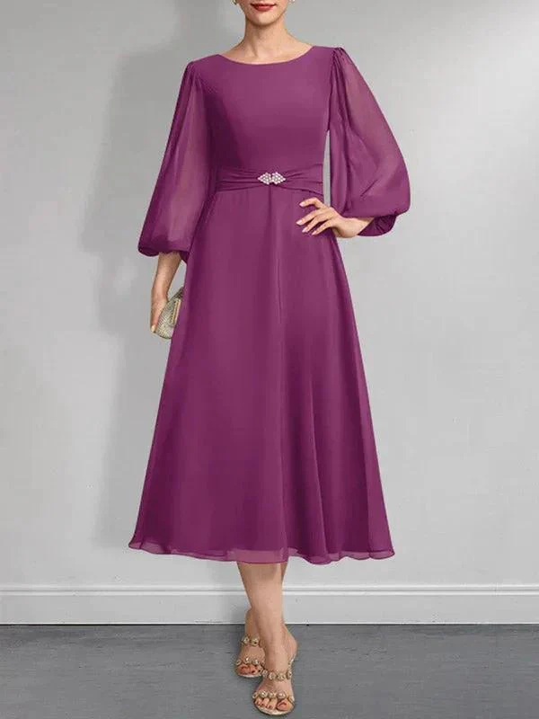 A-line Scoop Tea-Length Chiffon Mother of the Bride Dress With Crystal Brooch Pleated - Image 17