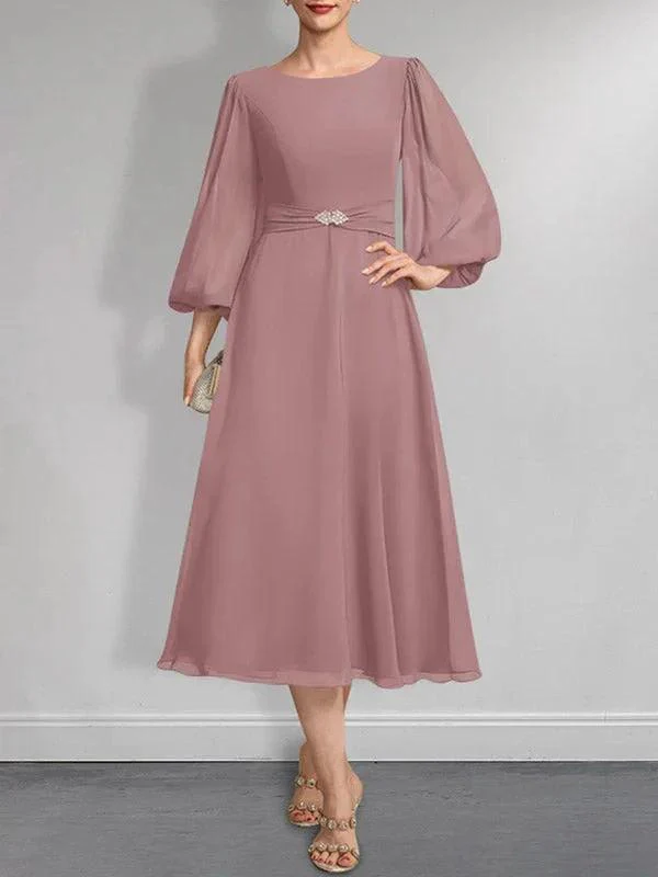 A-line Scoop Tea-Length Chiffon Mother of the Bride Dress With Crystal Brooch Pleated - Image 18