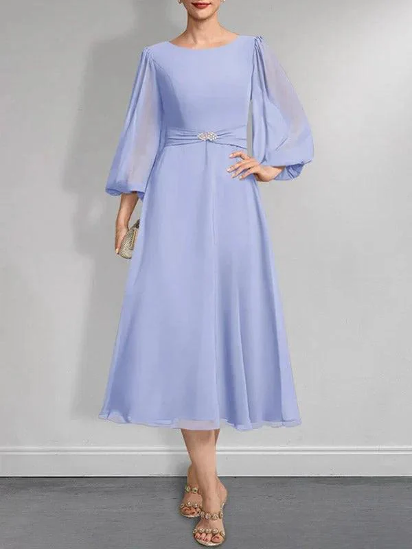 A-line Scoop Tea-Length Chiffon Mother of the Bride Dress With Crystal Brooch Pleated - Image 19