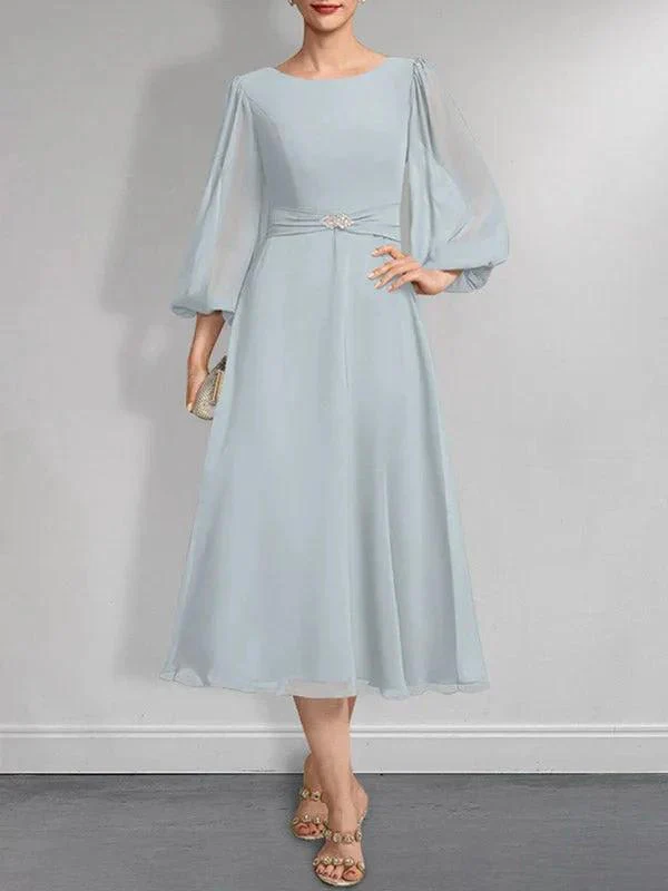 A-line Scoop Tea-Length Chiffon Mother of the Bride Dress With Crystal Brooch Pleated - Image 2