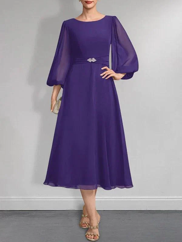 A-line Scoop Tea-Length Chiffon Mother of the Bride Dress With Crystal Brooch Pleated - Image 20