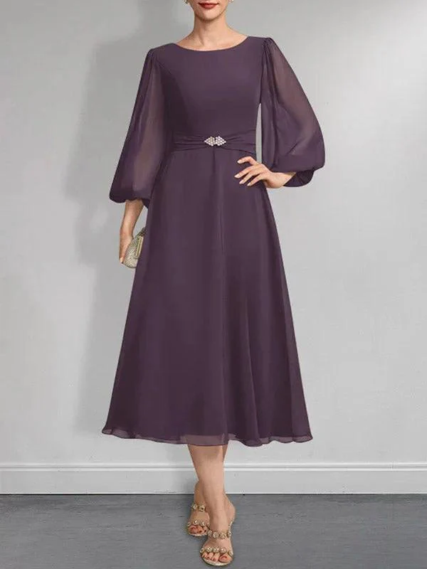 A-line Scoop Tea-Length Chiffon Mother of the Bride Dress With Crystal Brooch Pleated - Image 21