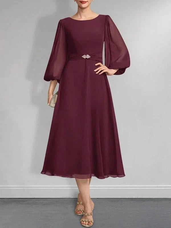 A-line Scoop Tea-Length Chiffon Mother of the Bride Dress With Crystal Brooch Pleated - Image 22