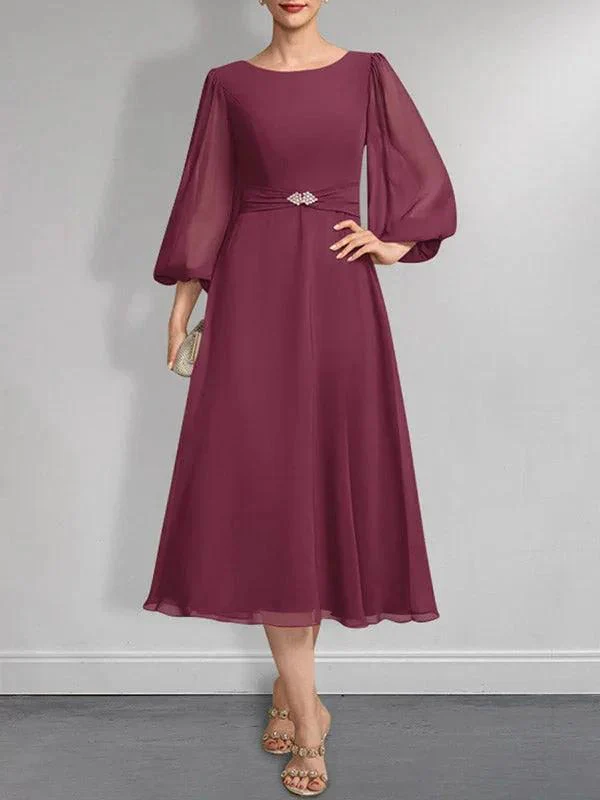 A-line Scoop Tea-Length Chiffon Mother of the Bride Dress With Crystal Brooch Pleated - Image 23