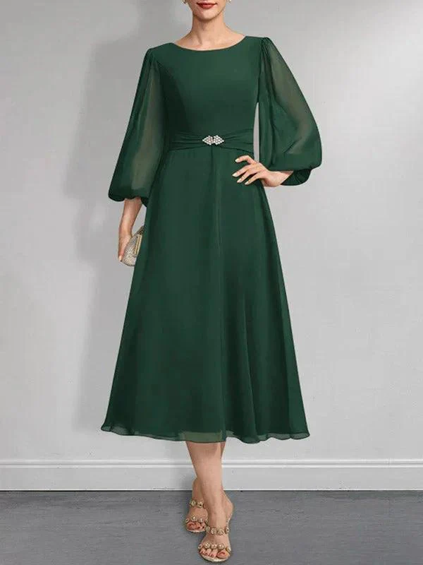 A-line Scoop Tea-Length Chiffon Mother of the Bride Dress With Crystal Brooch Pleated - Image 24