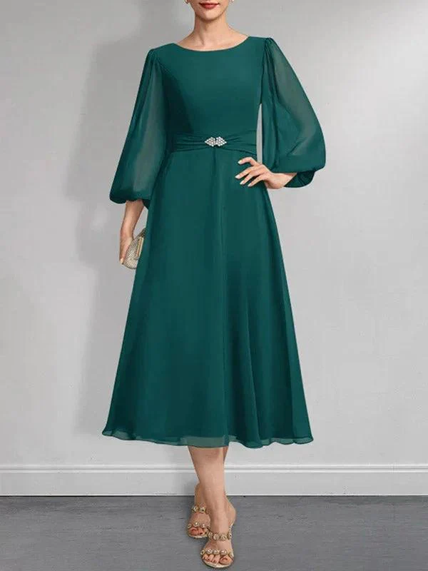 A-line Scoop Tea-Length Chiffon Mother of the Bride Dress With Crystal Brooch Pleated - Image 25