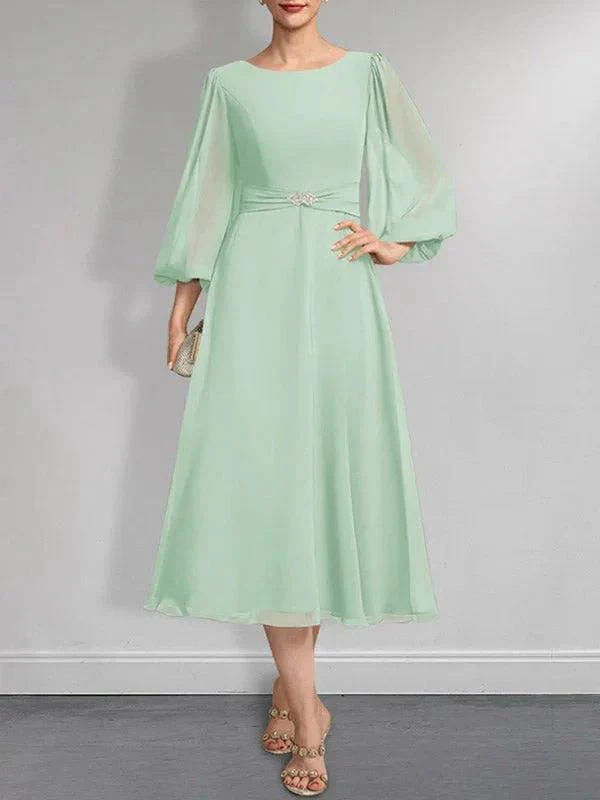 A-line Scoop Tea-Length Chiffon Mother of the Bride Dress With Crystal Brooch Pleated - Image 26