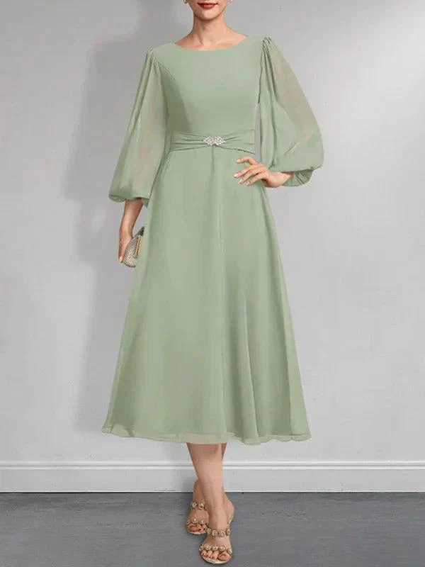 A-line Scoop Tea-Length Chiffon Mother of the Bride Dress With Crystal Brooch Pleated - Image 27