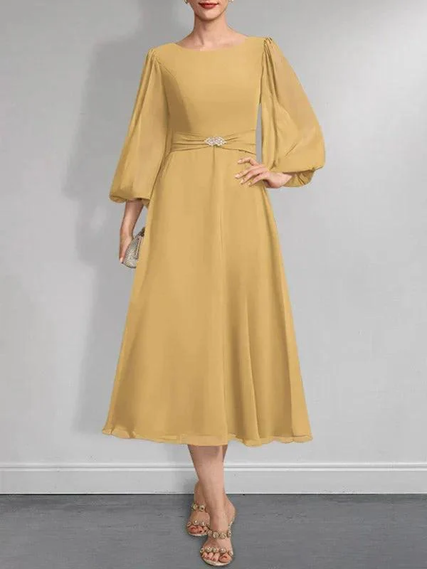 A-line Scoop Tea-Length Chiffon Mother of the Bride Dress With Crystal Brooch Pleated - Image 28