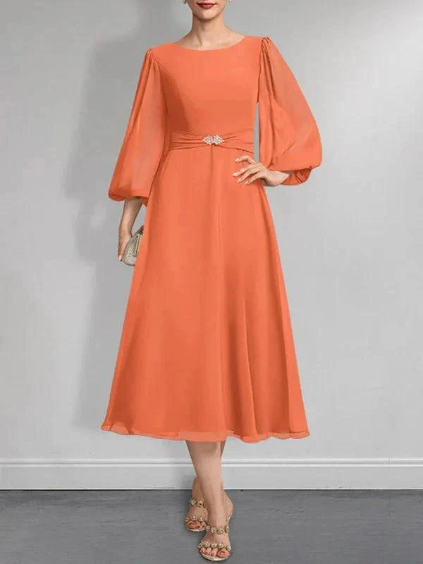 A-line Scoop Tea-Length Chiffon Mother of the Bride Dress With Crystal Brooch Pleated - Image 29