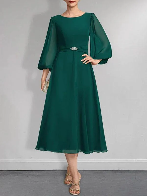 A-line Scoop Tea-Length Chiffon Mother of the Bride Dress With Crystal Brooch Pleated - Image 3