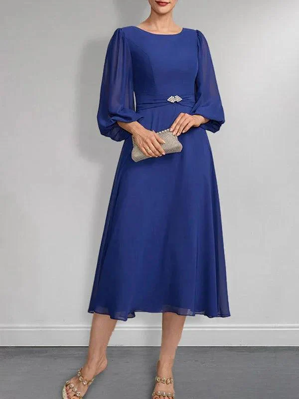 A-line Scoop Tea-Length Chiffon Mother of the Bride Dress With Crystal Brooch Pleated - Image 30