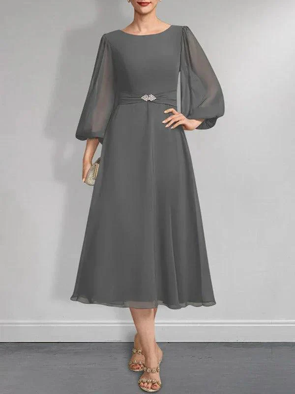 A-line Scoop Tea-Length Chiffon Mother of the Bride Dress With Crystal Brooch Pleated - Image 4