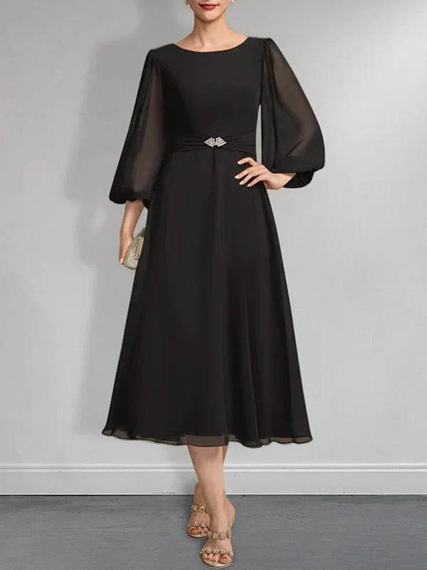 A-line Scoop Tea-Length Chiffon Mother of the Bride Dress With Crystal Brooch Pleated - Image 5