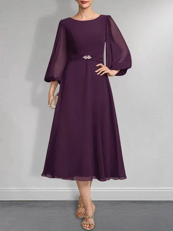 A-line Scoop Tea-Length Chiffon Mother of the Bride Dress With Crystal Brooch Pleated - Image 6