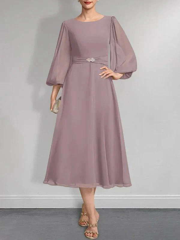 A-line Scoop Tea-Length Chiffon Mother of the Bride Dress With Crystal Brooch Pleated - Image 7