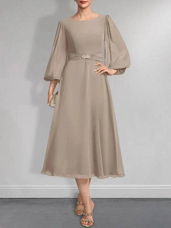 A-line Scoop Tea-Length Chiffon Mother of the Bride Dress With Crystal Brooch Pleated - Image 9