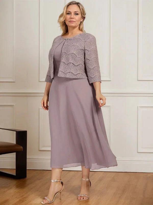 A-line Scoop Tea-Length Chiffon Mother of the Bride Dress With Pleated - Image 10