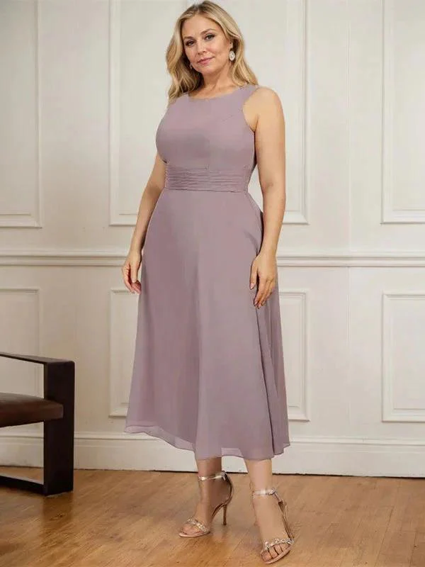 A-line Scoop Tea-Length Chiffon Mother of the Bride Dress With Pleated - Image 11