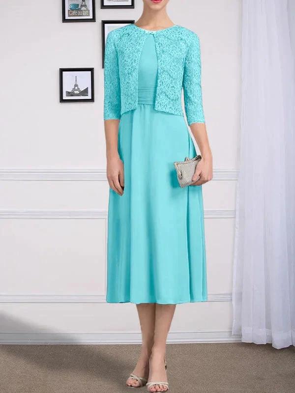A-line Scoop Tea-Length Chiffon Mother of the Bride Dress With Pleated - Image 12