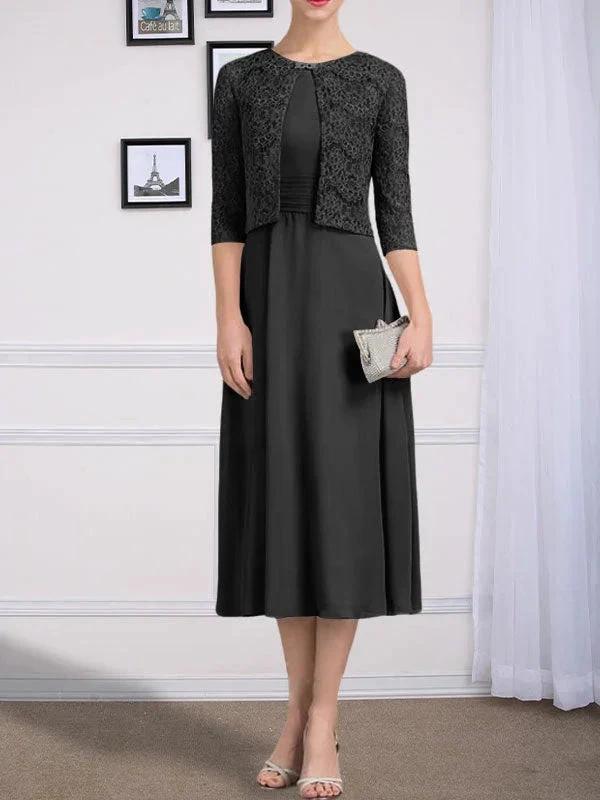 A-line Scoop Tea-Length Chiffon Mother of the Bride Dress With Pleated - Image 13