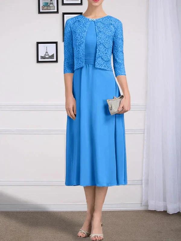 A-line Scoop Tea-Length Chiffon Mother of the Bride Dress With Pleated - Image 14