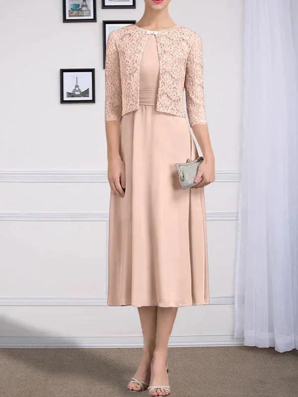 A-line Scoop Tea-Length Chiffon Mother of the Bride Dress With Pleated - Image 15