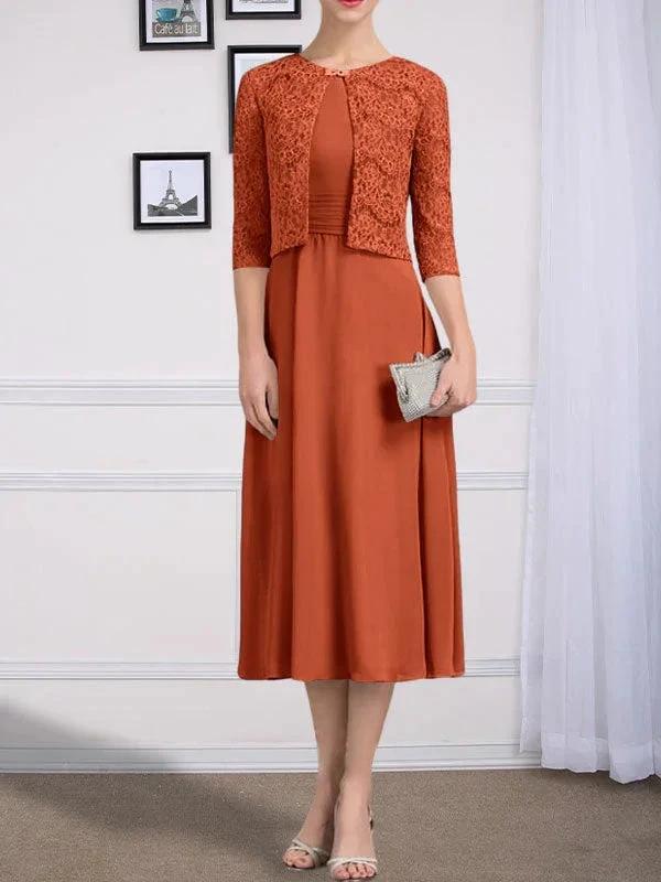 A-line Scoop Tea-Length Chiffon Mother of the Bride Dress With Pleated - Image 16