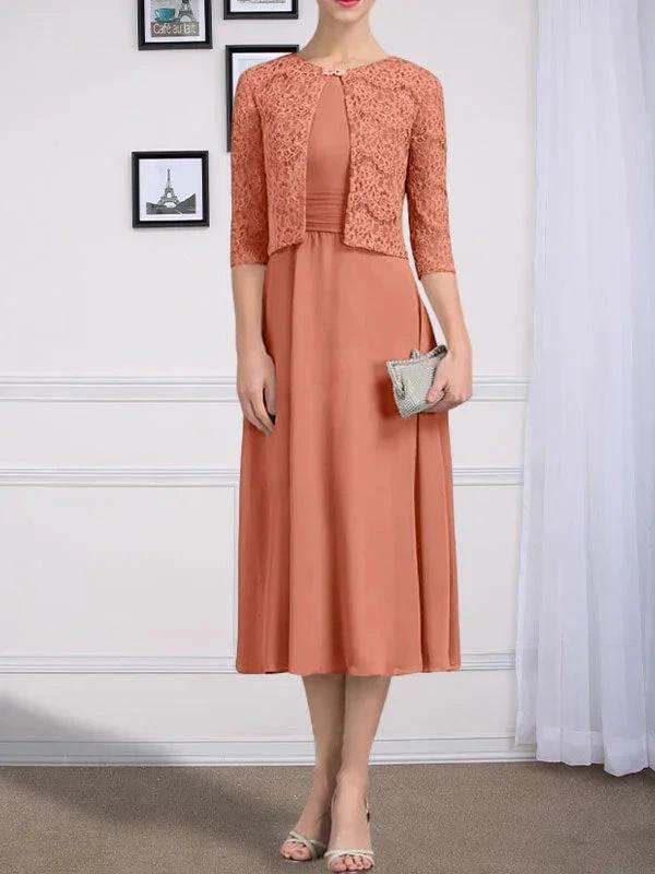A-line Scoop Tea-Length Chiffon Mother of the Bride Dress With Pleated - Image 17