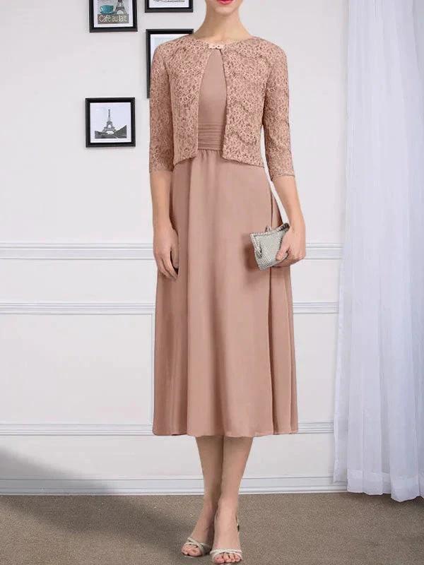 A-line Scoop Tea-Length Chiffon Mother of the Bride Dress With Pleated - Image 18