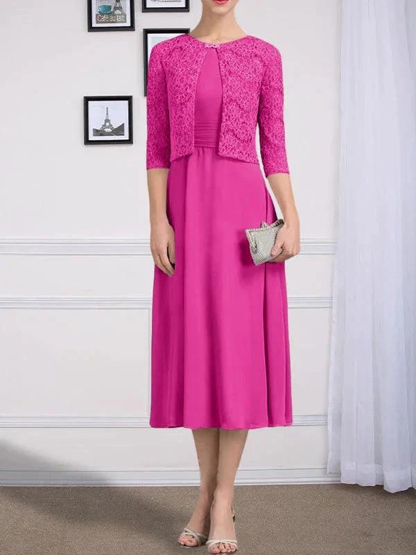 A-line Scoop Tea-Length Chiffon Mother of the Bride Dress With Pleated - Image 19