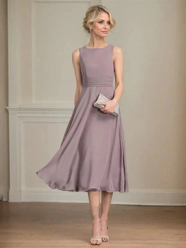 A-line Scoop Tea-Length Chiffon Mother of the Bride Dress With Pleated - Image 2