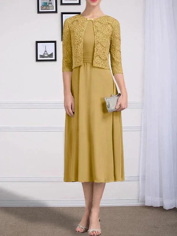 A-line Scoop Tea-Length Chiffon Mother of the Bride Dress With Pleated - Image 20