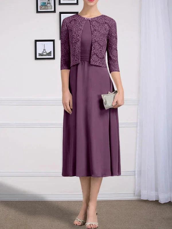 A-line Scoop Tea-Length Chiffon Mother of the Bride Dress With Pleated - Image 21