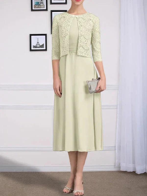 A-line Scoop Tea-Length Chiffon Mother of the Bride Dress With Pleated - Image 22