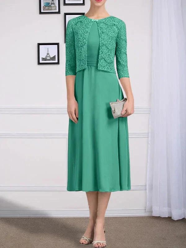 A-line Scoop Tea-Length Chiffon Mother of the Bride Dress With Pleated - Image 23