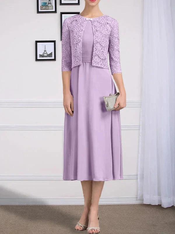 A-line Scoop Tea-Length Chiffon Mother of the Bride Dress With Pleated - Image 24