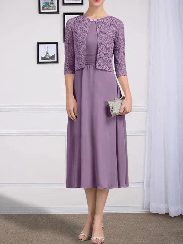 A-line Scoop Tea-Length Chiffon Mother of the Bride Dress With Pleated - Image 25