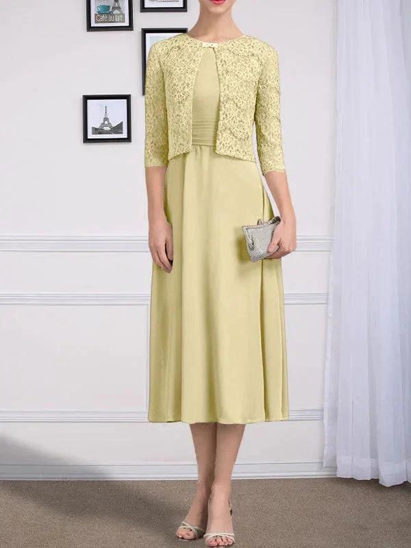 A-line Scoop Tea-Length Chiffon Mother of the Bride Dress With Pleated - Image 26