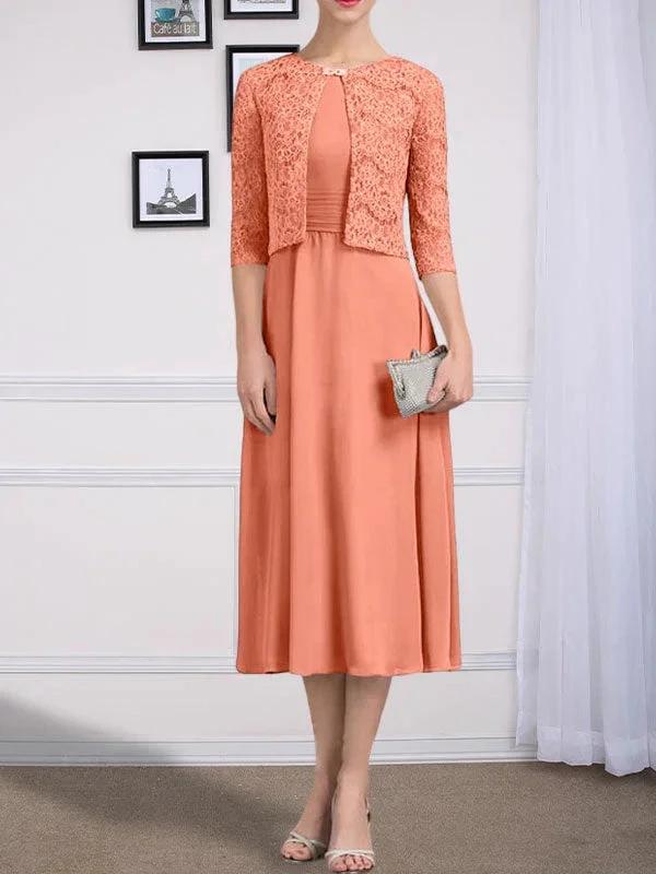 A-line Scoop Tea-Length Chiffon Mother of the Bride Dress With Pleated - Image 27