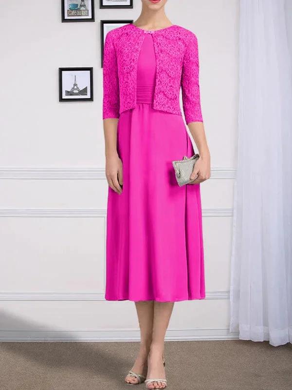 A-line Scoop Tea-Length Chiffon Mother of the Bride Dress With Pleated - Image 28