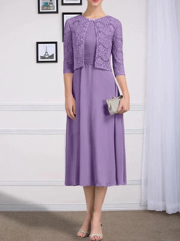 A-line Scoop Tea-Length Chiffon Mother of the Bride Dress With Pleated - Image 29