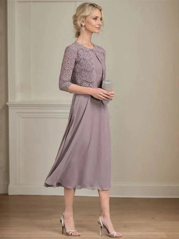 A-line Scoop Tea-Length Chiffon Mother of the Bride Dress With Pleated - Image 3