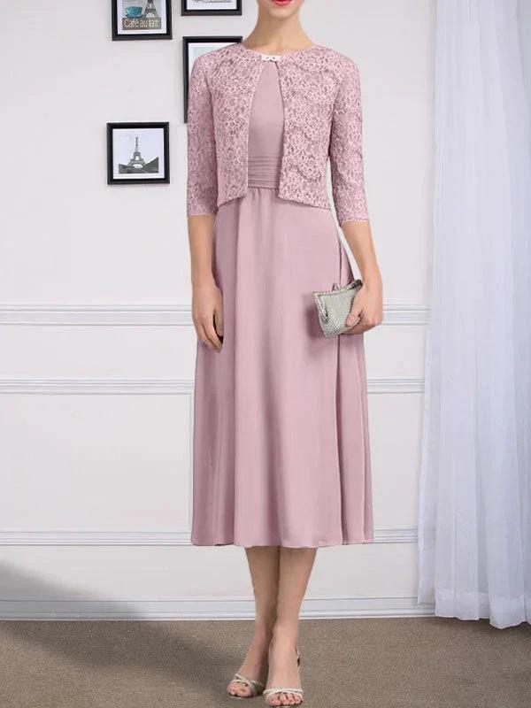 A-line Scoop Tea-Length Chiffon Mother of the Bride Dress With Pleated - Image 30