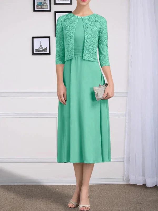 A-line Scoop Tea-Length Chiffon Mother of the Bride Dress With Pleated - Image 31