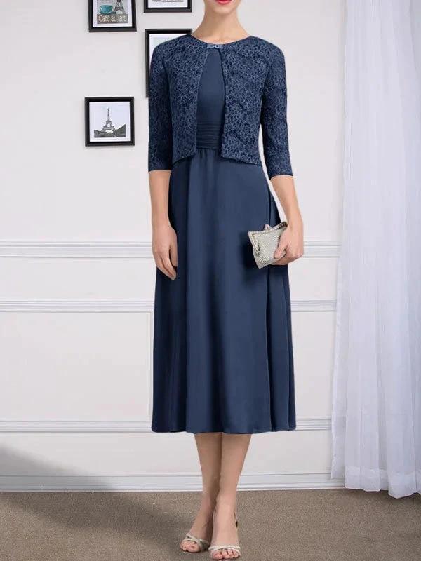 A-line Scoop Tea-Length Chiffon Mother of the Bride Dress With Pleated - Image 32
